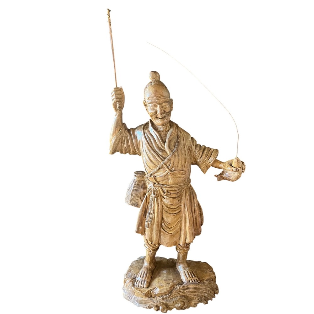 Vintage Hand Carved Old Fisherman Wooden‎ Sculpture, Asian 11 3/4" Tall, 3 1/2"